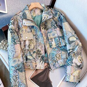 Blue Casual Women's Embroidered Jacquard Motorcycle Jacket Front Zipper Pockets